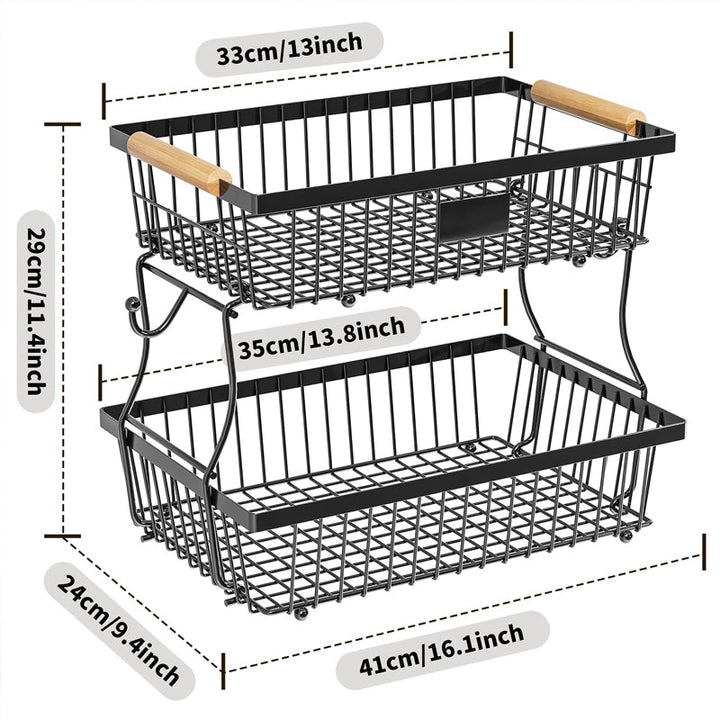 Stornfield | 2-Tier Metal Fruit & Vegetable Storage Rack with Hooks