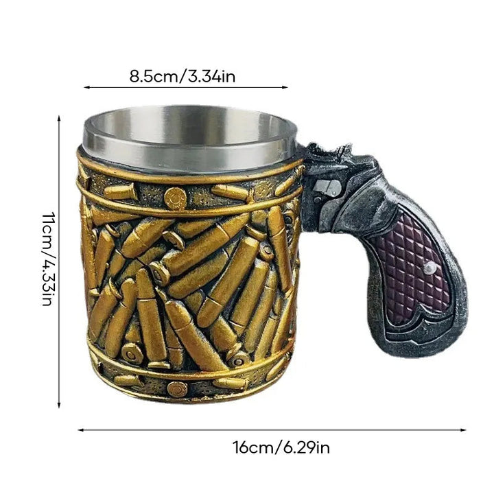 Revolver beer mug in stainless steel with unique bullet pattern | Stornfield