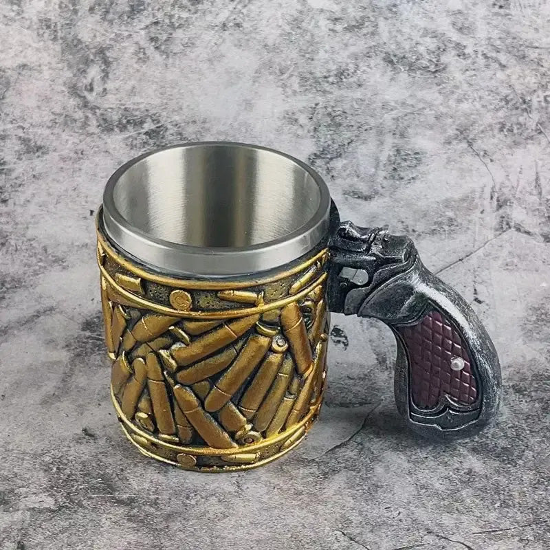 Revolver beer mug in stainless steel with unique bullet pattern | Stornfield