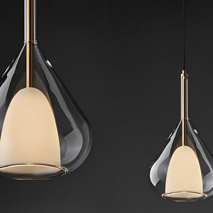 Industrial pendant light with double glass and raindrop design - Small hanging lamp for dining room and kitchen, modern minimalist design | Stornfield