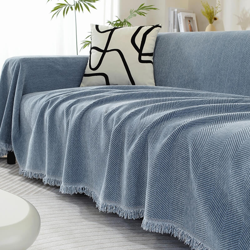 Stornfield | Herringbone Chenille Sofa Throw with Fringes