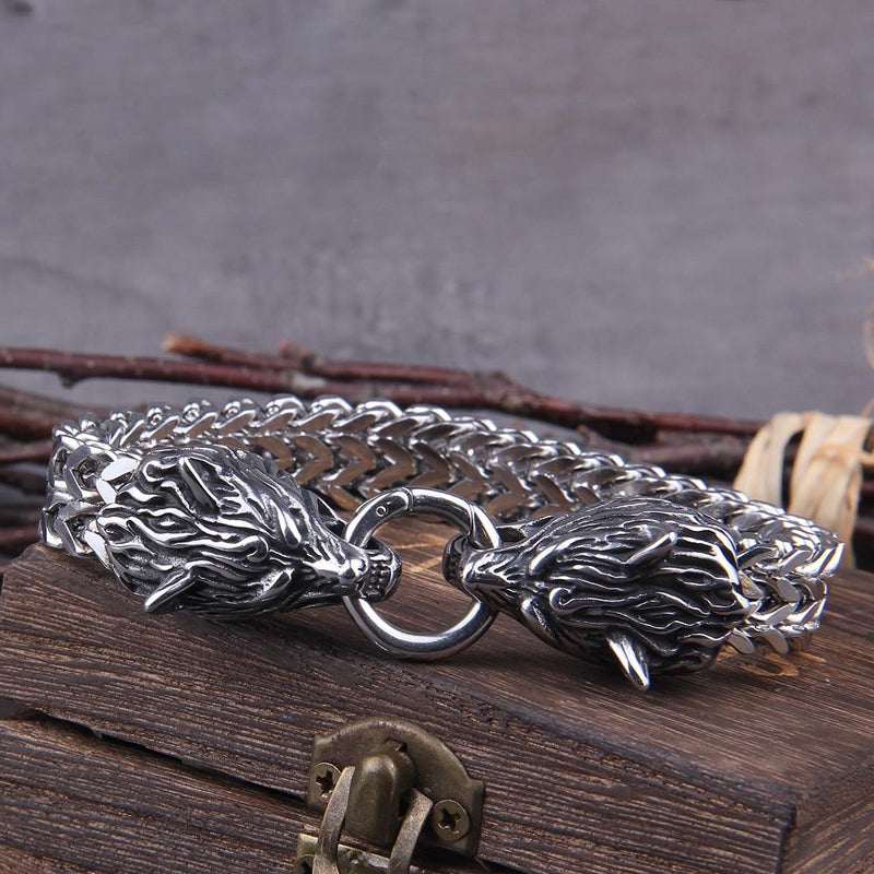 Stornfield | Viking Double Wolf Head Fenrir Bracelet in Stainless Steel