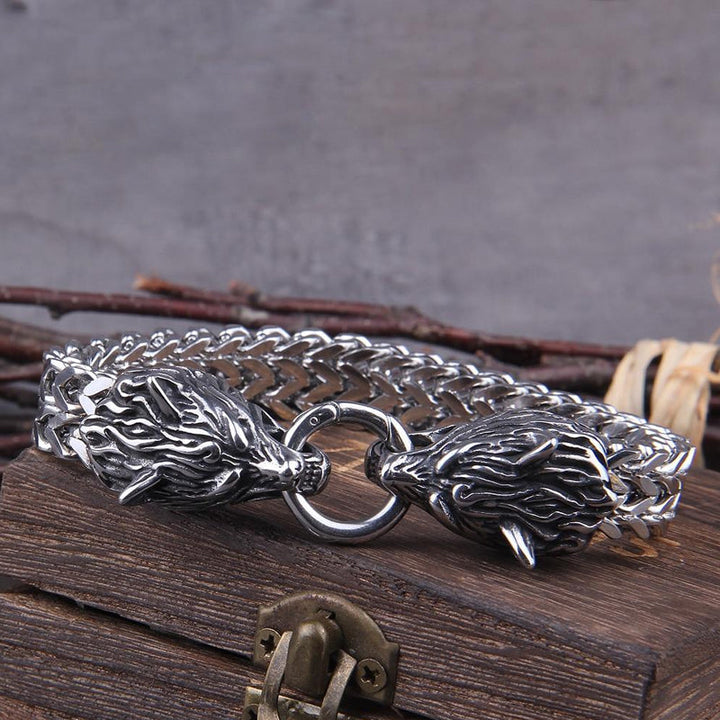 Stornfield | Viking Double Wolf Head Fenrir Bracelet in Stainless Steel