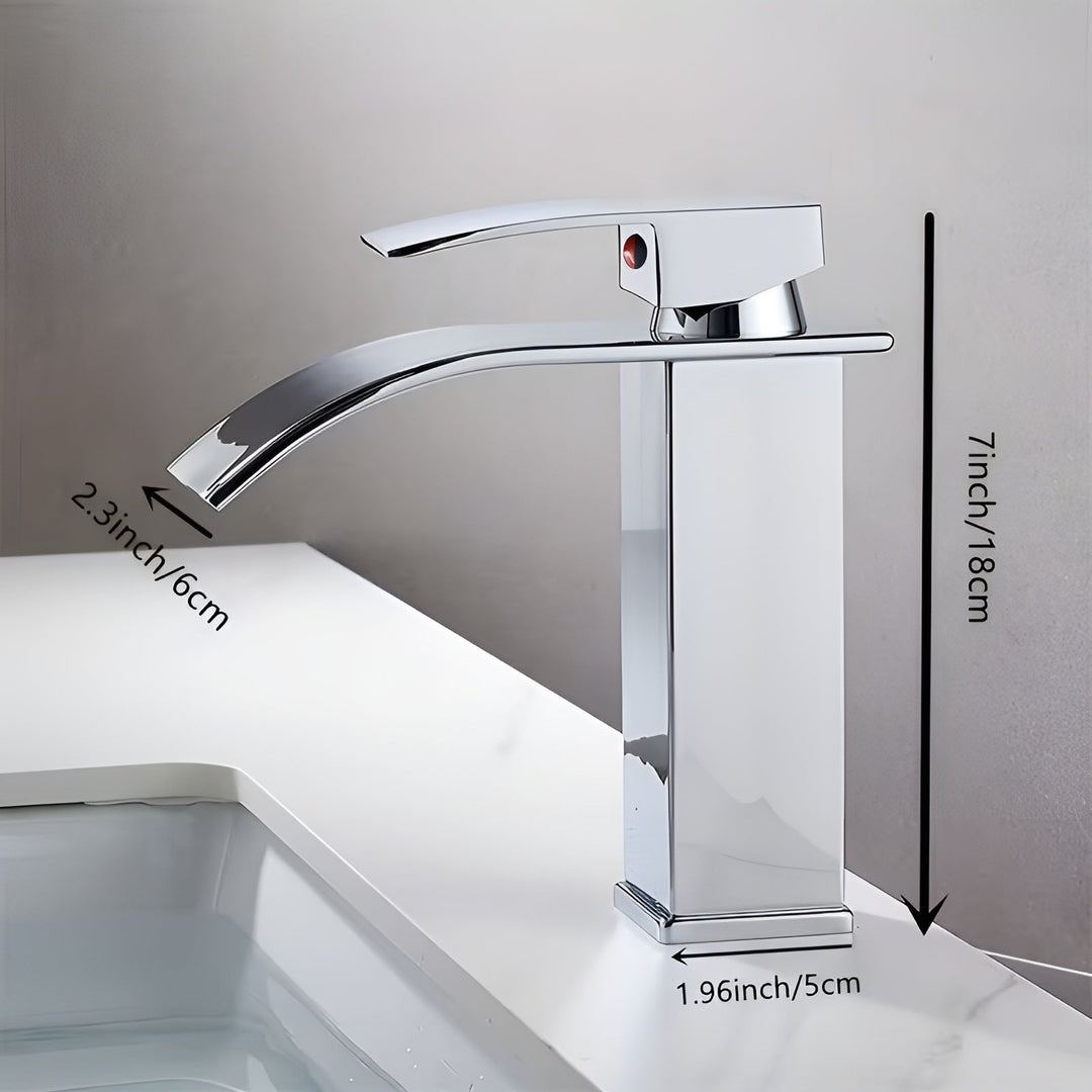 Sink faucet made of stainless steel – waterfall spout with hot and cold water | single hole mixer tap in Stornfieldack for bathroom | Stornfield