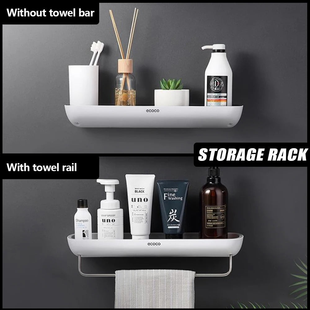 Wall-mounted shower shelf without drilling – With towel holder & drainage holes | Stornfield