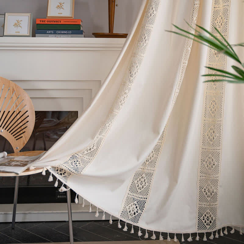 Beige Splicing Hollow-Out Light Filtering Curtain Set | Stornfield