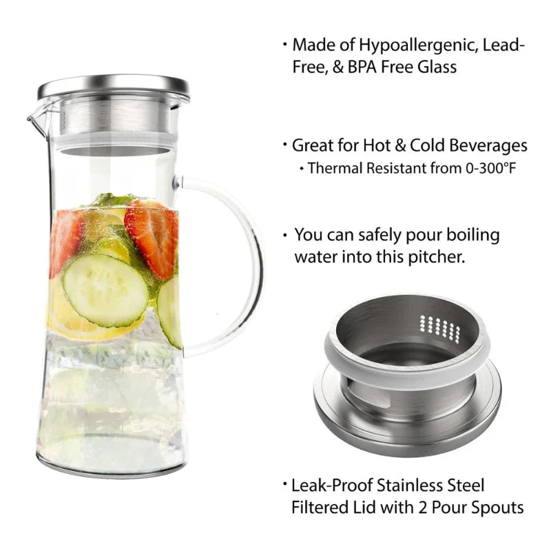 50oz Heat Resistant Glass Pitcher with Stainless Steel Filter Leak Lid | Stornfield