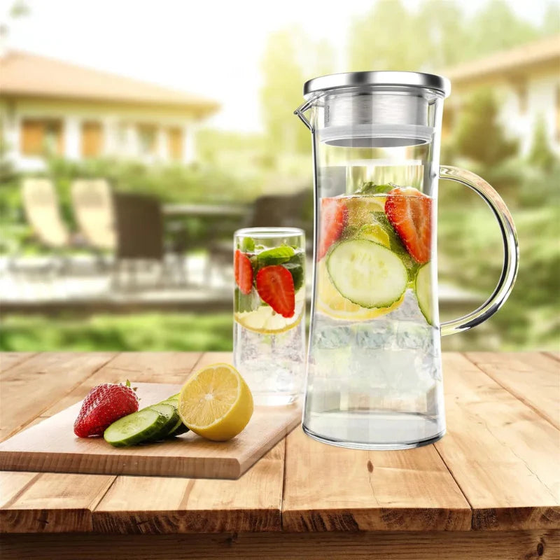 50oz Heat Resistant Glass Pitcher with Stainless Steel Filter Leak Lid | Stornfield