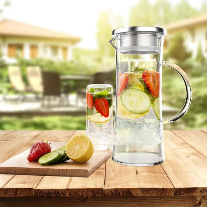 50oz Heat Resistant Glass Pitcher with Stainless Steel Filter Leak Lid | Stornfield