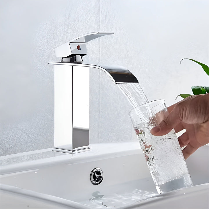 Sink faucet made of stainless steel – waterfall spout with hot and cold water | single hole mixer tap in Stornfieldack for bathroom | Stornfield