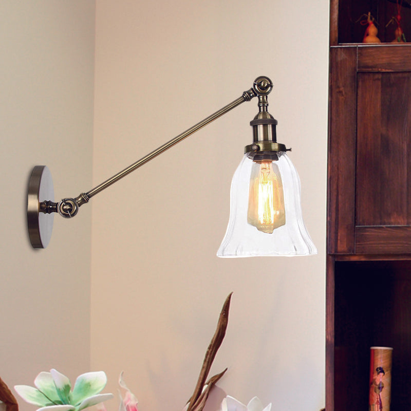 Stornfield | Black/Bronze/Brass 1-Light Vintage Wall Sconce Clear Bell-Shaped Glass Wall Lamp with Arm, 8"/12" Long