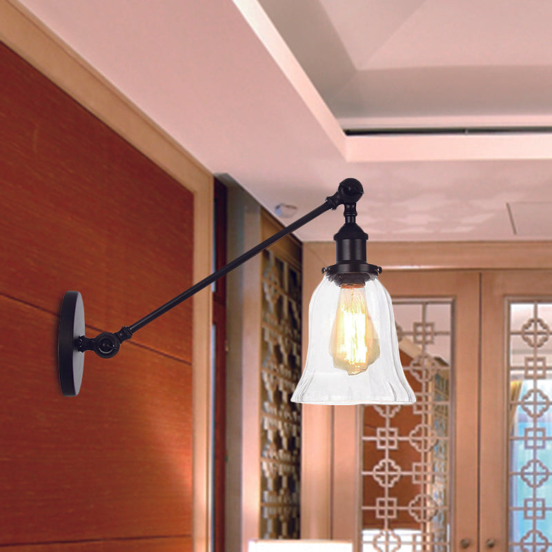 Stornfield | Black/Bronze/Brass 1-Light Vintage Wall Sconce Clear Bell-Shaped Glass Wall Lamp with Arm, 8"/12" Long