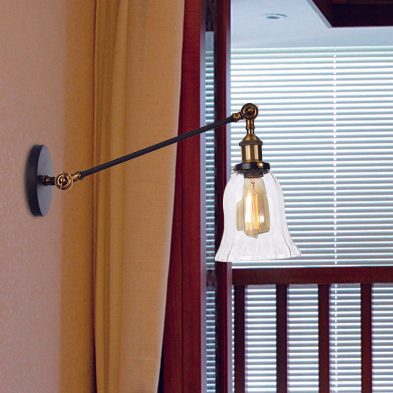 Stornfield | Black/Bronze/Brass 1-Light Vintage Wall Sconce Clear Bell-Shaped Glass Wall Lamp with Arm, 8"/12" Long