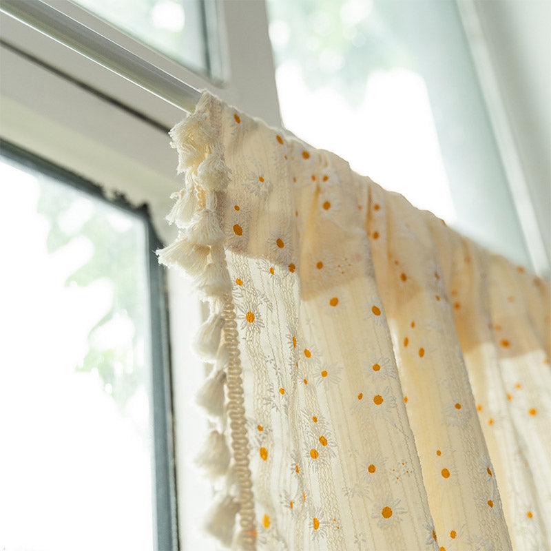 Beige Daisy Pattern Tier Curtain in Cotton Linen Fabric | Stornfield