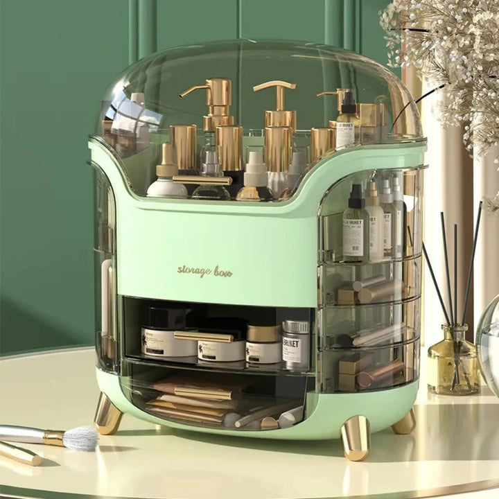 Luxury Transparent Makeup Organizer with Rotating Doors and Drawers | Stornfield