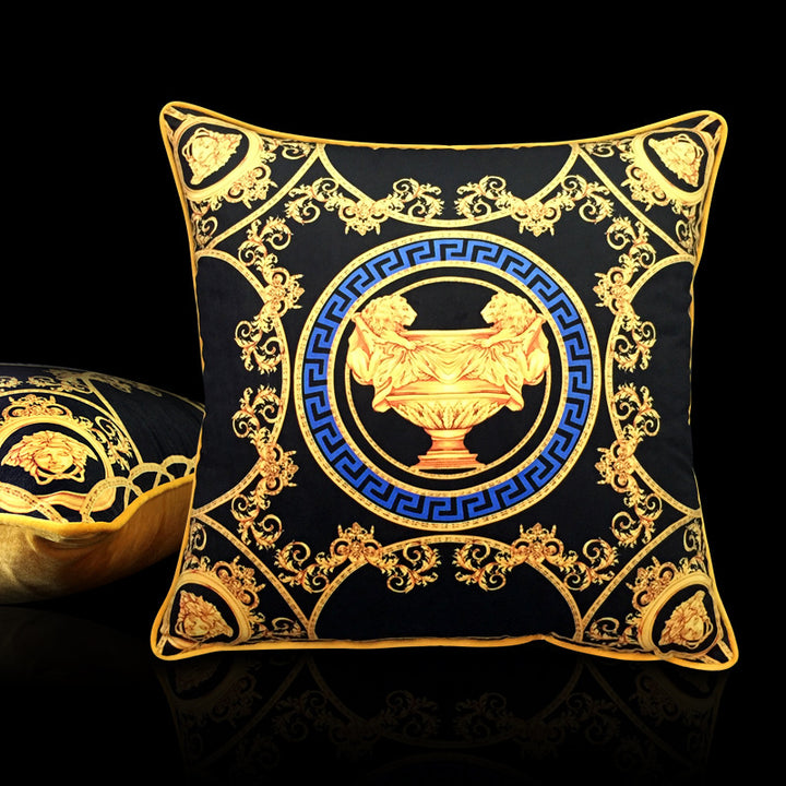 Vintage Equestrian Square Throw Pillow Cover with Piped Velvet Trim and Hidden Zipper
