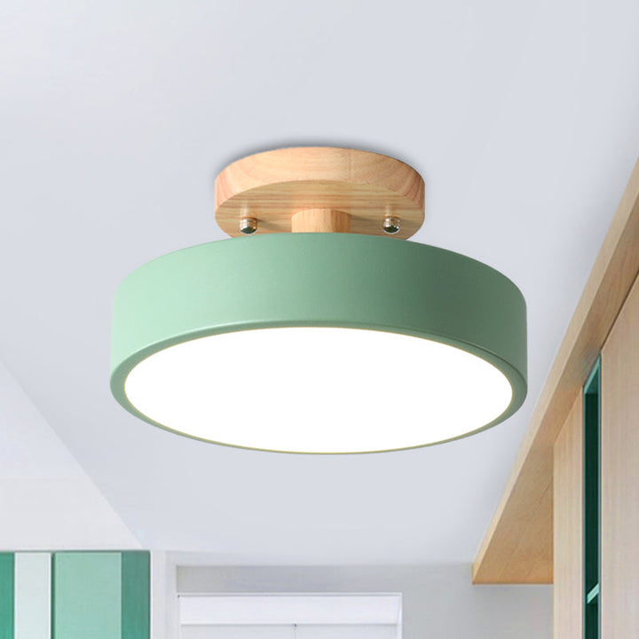 Stornfield | Scandinavian LED Ceiling Light with Wood | Modern Drum Shape for Hallways and Entryways | Energy-Efficient Lighting