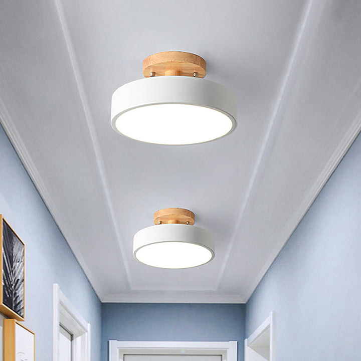 Stornfield | Scandinavian LED Ceiling Light with Wood | Modern Drum Shape for Hallways and Entryways | Energy-Efficient Lighting