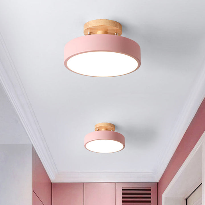 Stornfield | Scandinavian LED Ceiling Light with Wood | Modern Drum Shape for Hallways and Entryways | Energy-Efficient Lighting