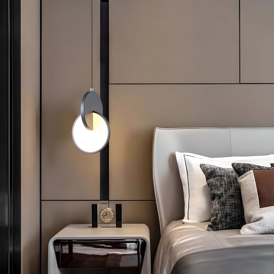 Modern Scandinavian LED pendant lamp with round frame and warm light bowl