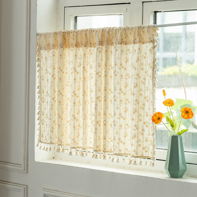 Beige Daisy Pattern Tier Curtain in Cotton Linen Fabric | Stornfield