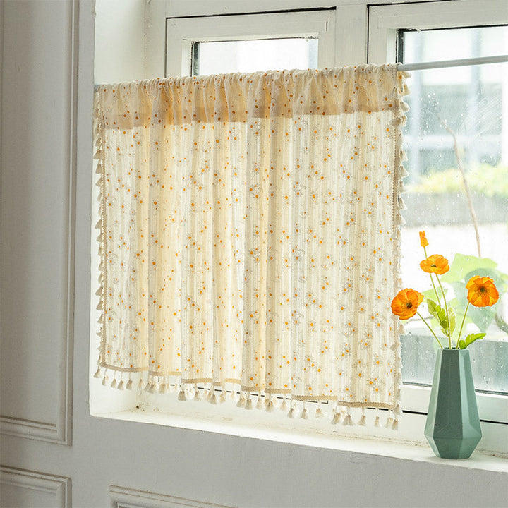 Beige Daisy Pattern Tier Curtain in Cotton Linen Fabric | Stornfield