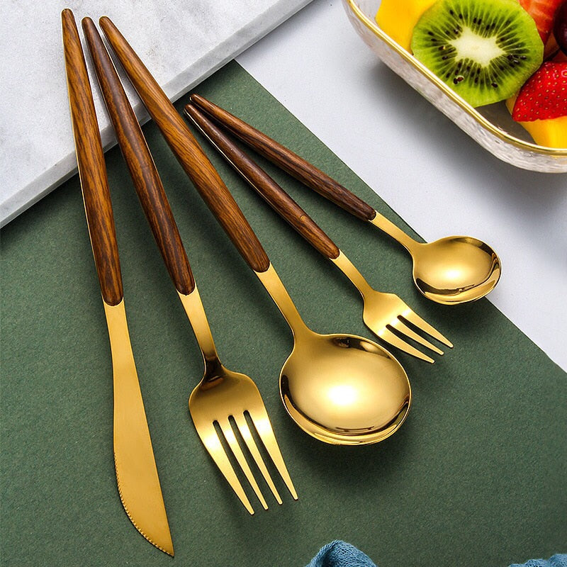 Elegant wooden dumbbell gold cutlery set for sophisticated dining | Stornfield