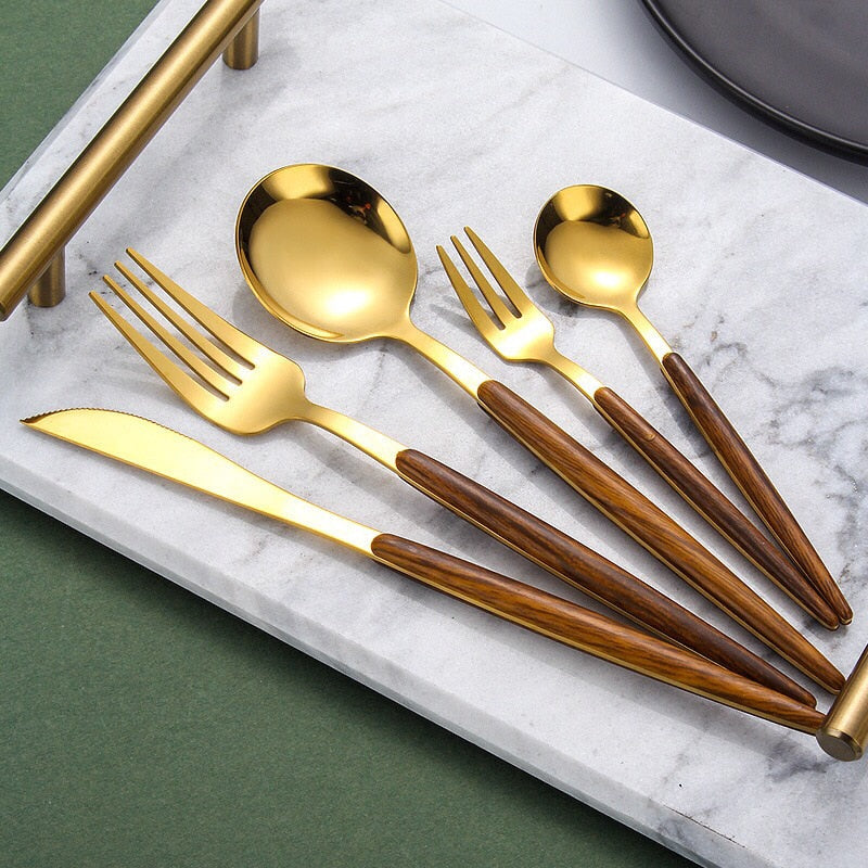 Elegant wooden dumbbell gold cutlery set for sophisticated dining | Stornfield