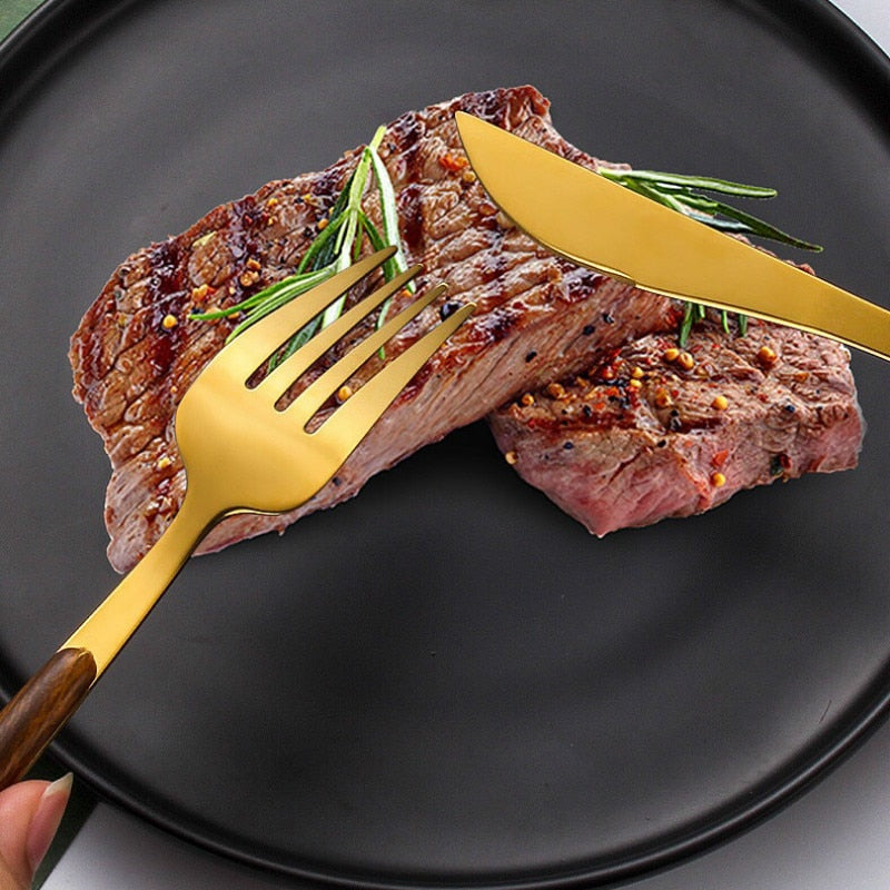 Elegant wooden dumbbell gold cutlery set for sophisticated dining | Stornfield