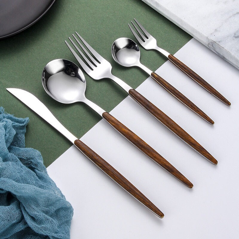 Elegant wooden dumbbell gold cutlery set for sophisticated dining | Stornfield