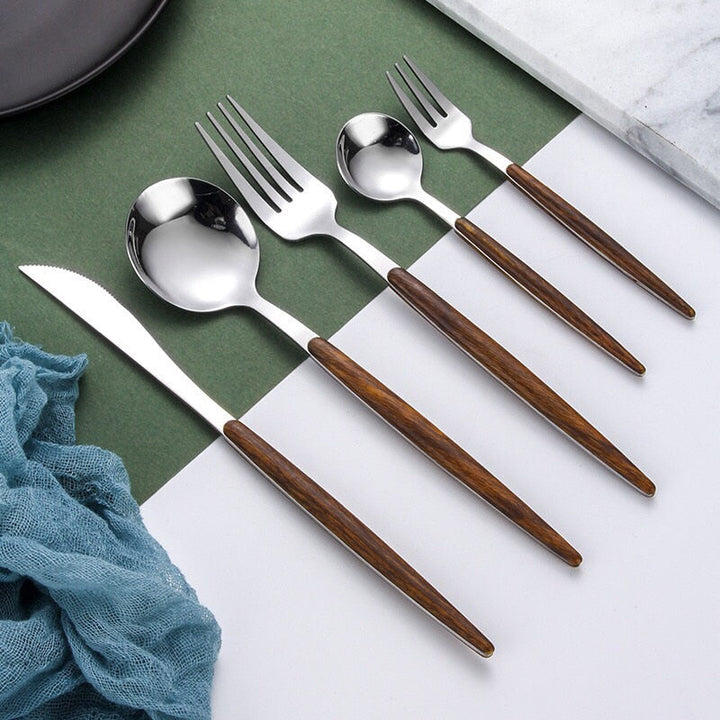 Elegant wooden dumbbell gold cutlery set for sophisticated dining | Stornfield