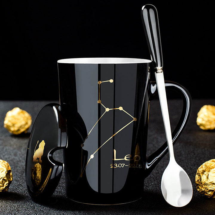12 Constellations Black Ceramic Mug with Lid Spoon | Stornfield