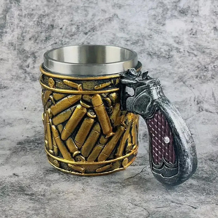 Revolver beer mug in stainless steel with unique bullet pattern | Stornfield