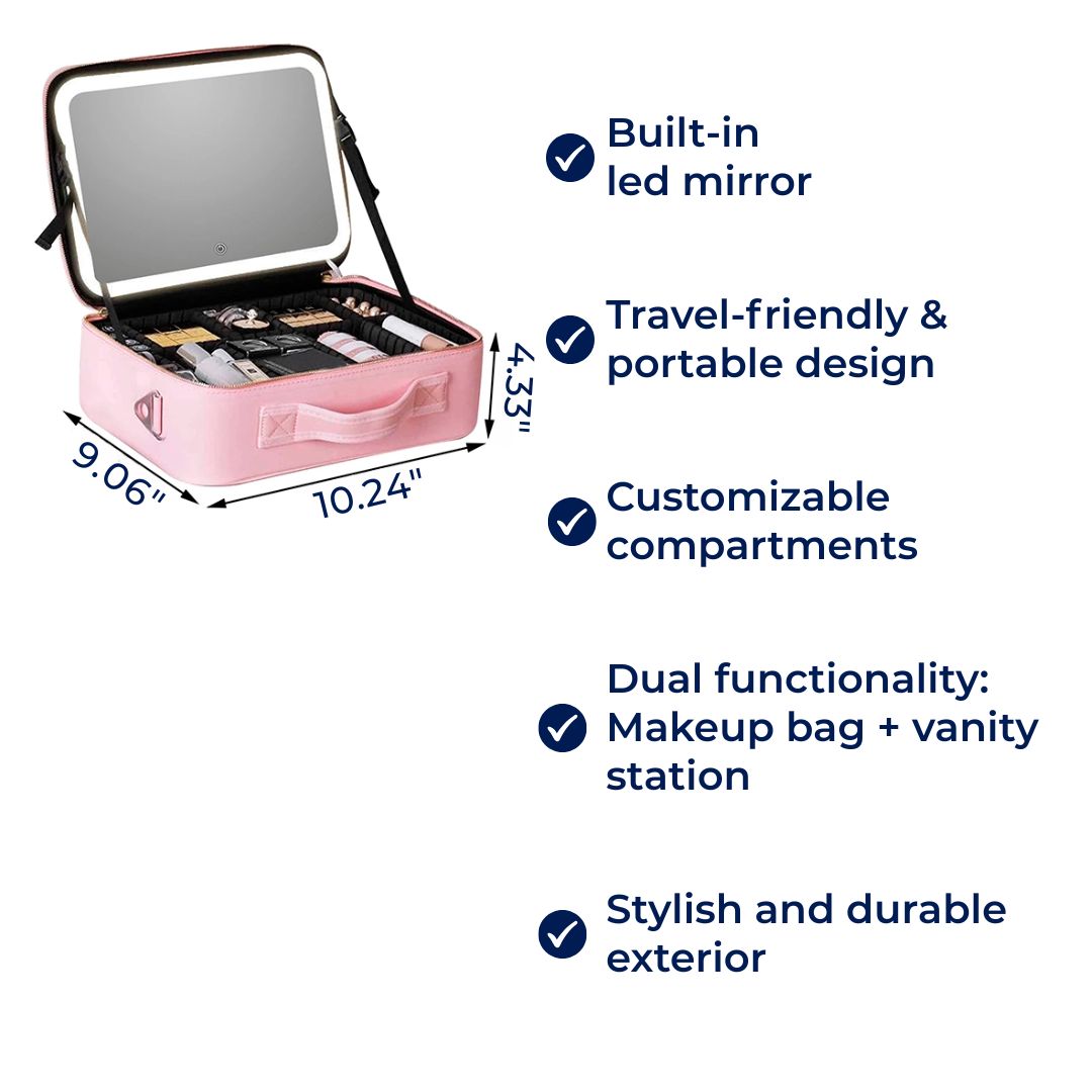 GlamOrganize | Makeup and Toiletry Bag - Cosmetic Organizer - LED Mirror - Compact Storage for Makeup and Skincare - Convenient Travel Bowl