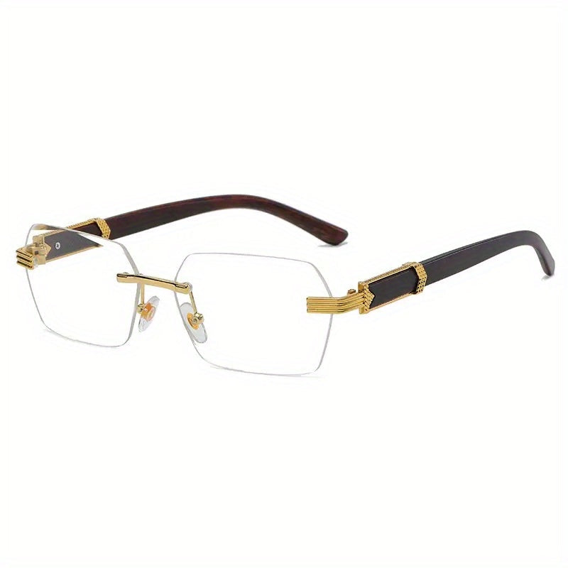 Rimless Sunglasses with Rectangular Lenses and Faux Wood Temples – Verro | Stornfield