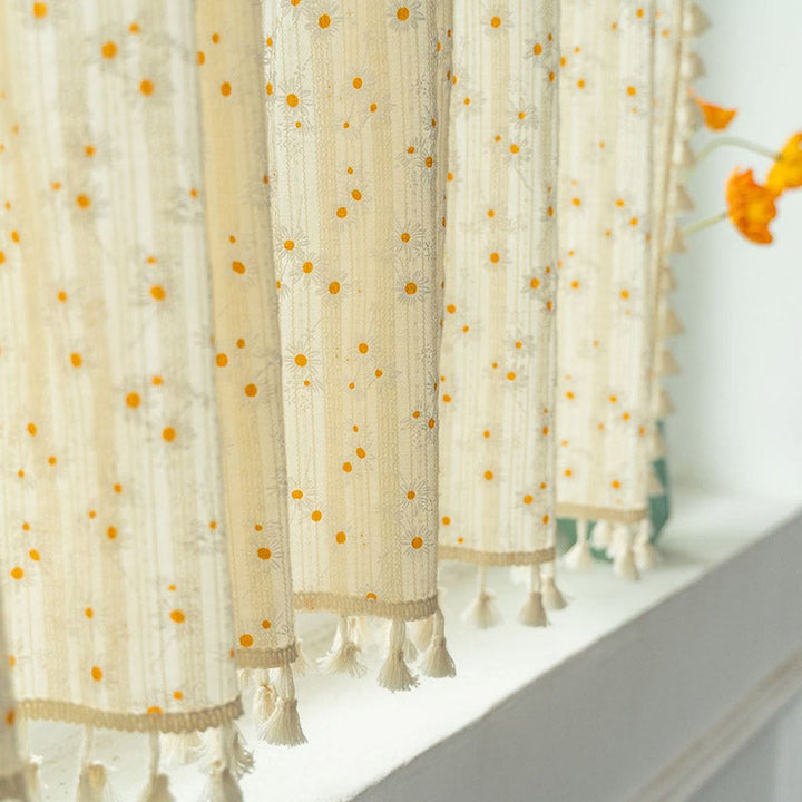 Beige Daisy Pattern Tier Curtain in Cotton Linen Fabric | Stornfield