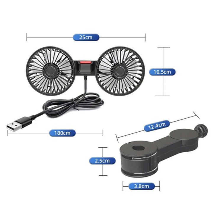 Dual Head USB Car Fan with 360° Rotation for 12V/24V Vehicles | Stornfield
