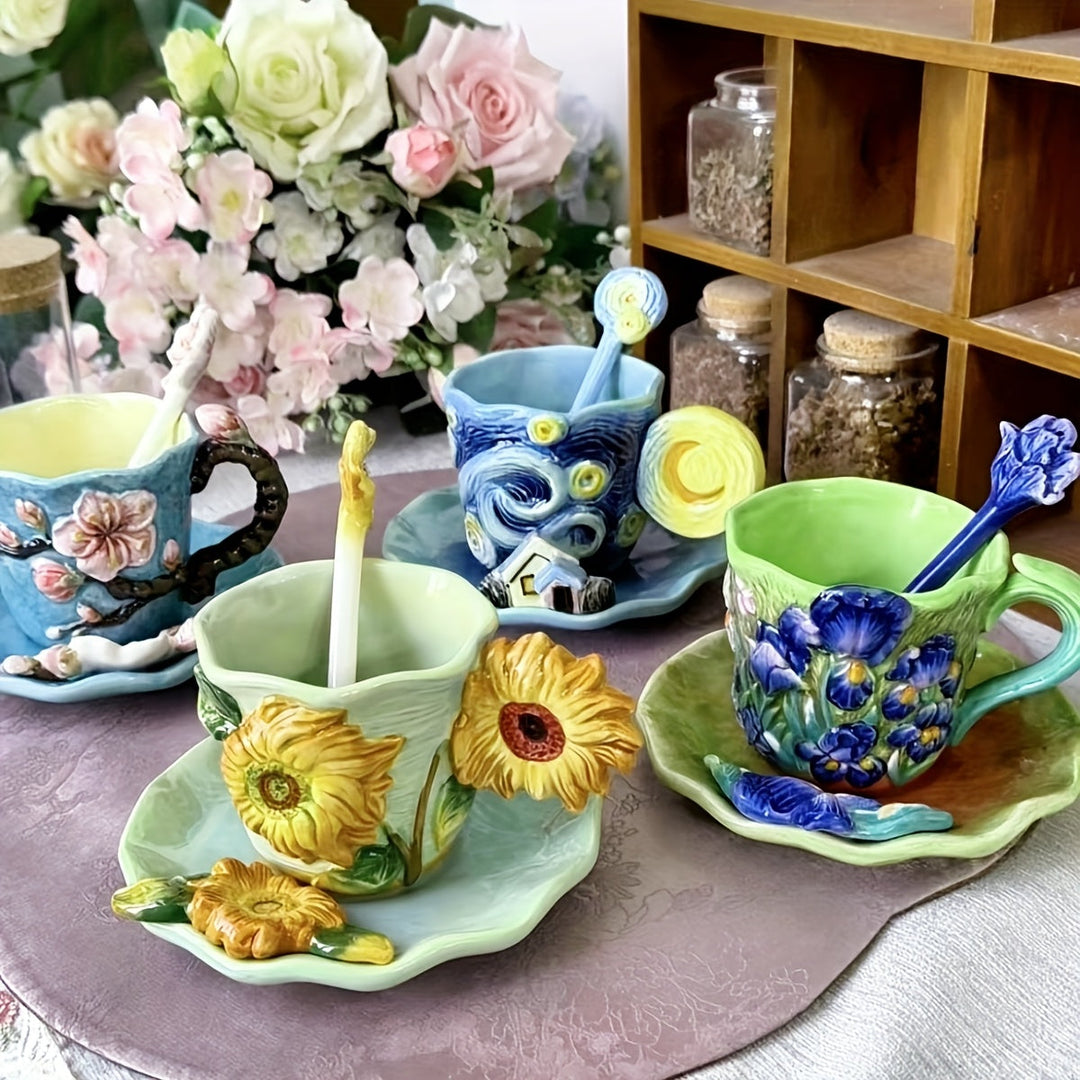 ArtSip Ceramic Mug & Saucer Set – Hand-painted 3D Design inspired by Van Gogh | Stornfield