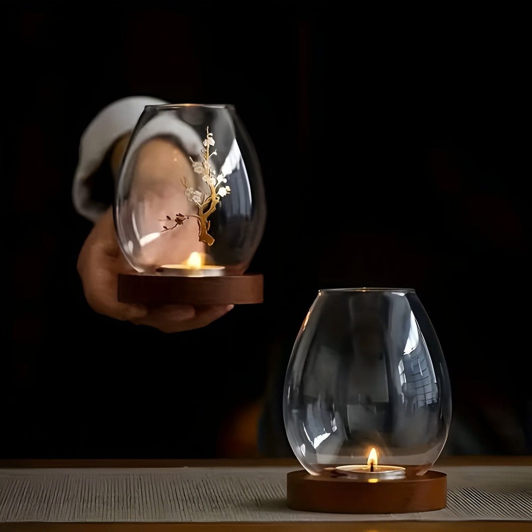 2-piece set glass candle holders with wooden base - decorative in retro zen style | perfect for living room, taStornfielde decoration and outdoor | Stornfield