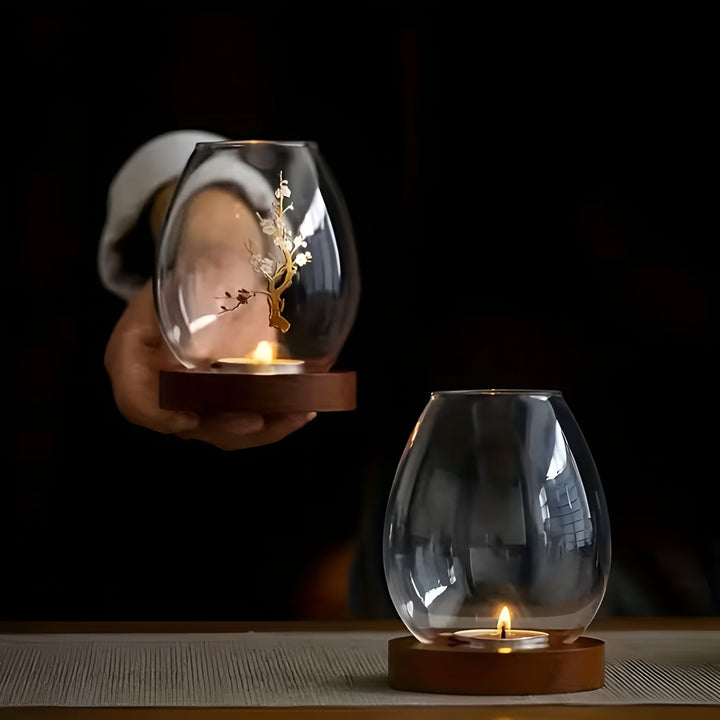 2-piece set glass candle holders with wooden base - decorative in retro zen style | perfect for living room, taStornfielde decoration and outdoor | Stornfield