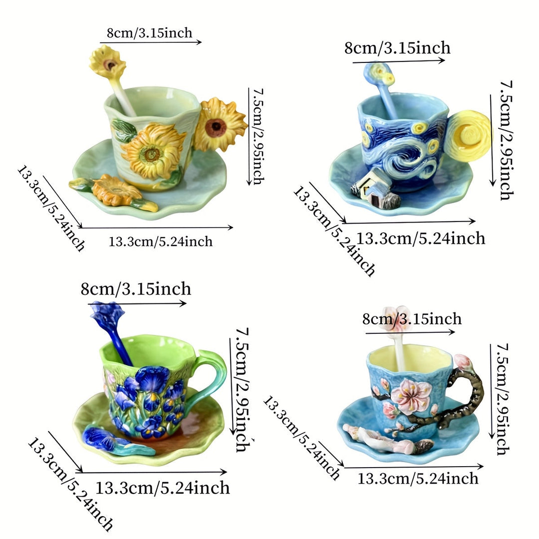ArtSip Ceramic Mug & Saucer Set – Hand-painted 3D Design inspired by Van Gogh | Stornfield