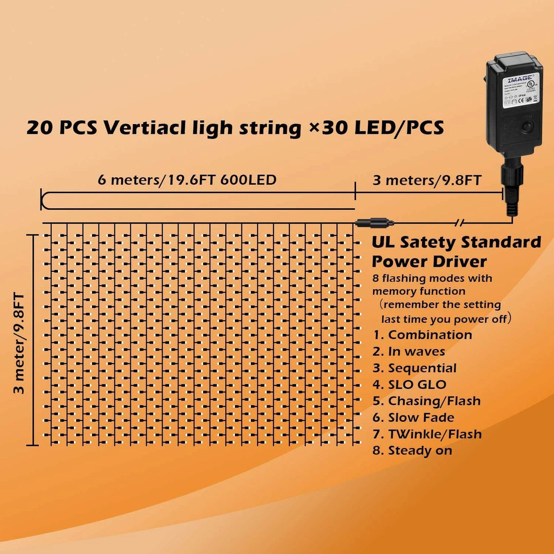 Stornfield | 600 LED 9.8 x 19.6 FT. Curtain Lights with 8 Lighting Modes and Memory Function