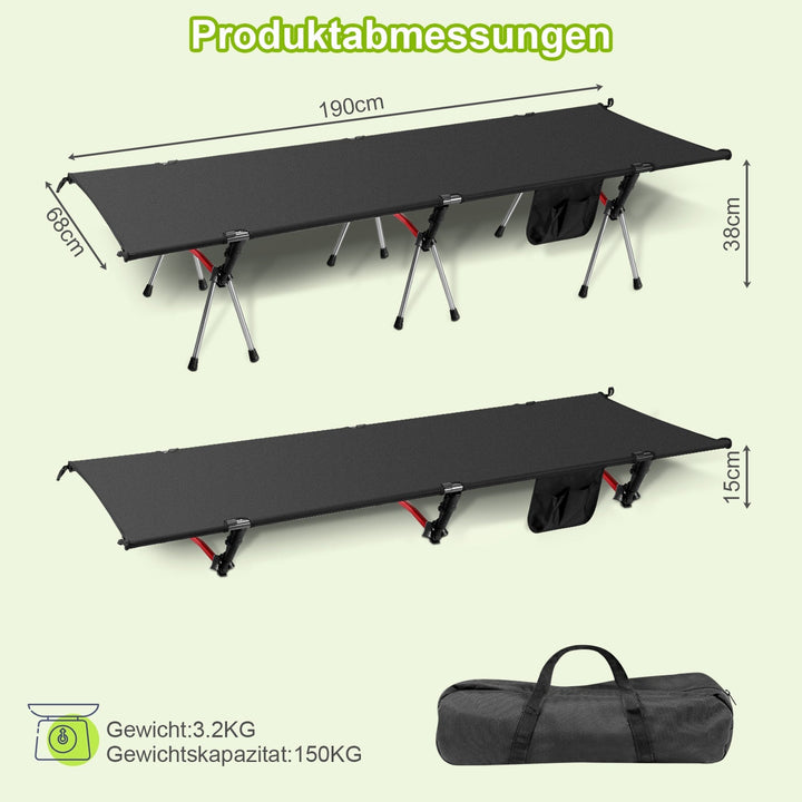 Folding Bed Black Camping Bed Height Adjustable | Stornfield
