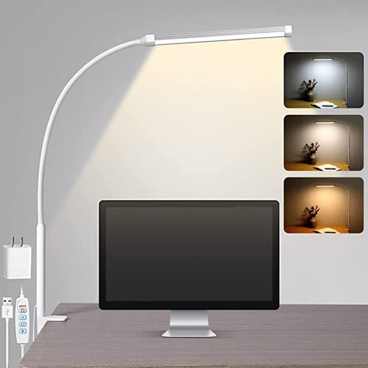 Nevosa | LED Desk Lamp with Bulb, Eye-Friendly Clip-On Lights for Home Office, 3 Modes, 10 Brightness Levels, Long Flexible Gooseneck, Metal, Articulated Arm Architect Desk Lamp with USB Adapter, White