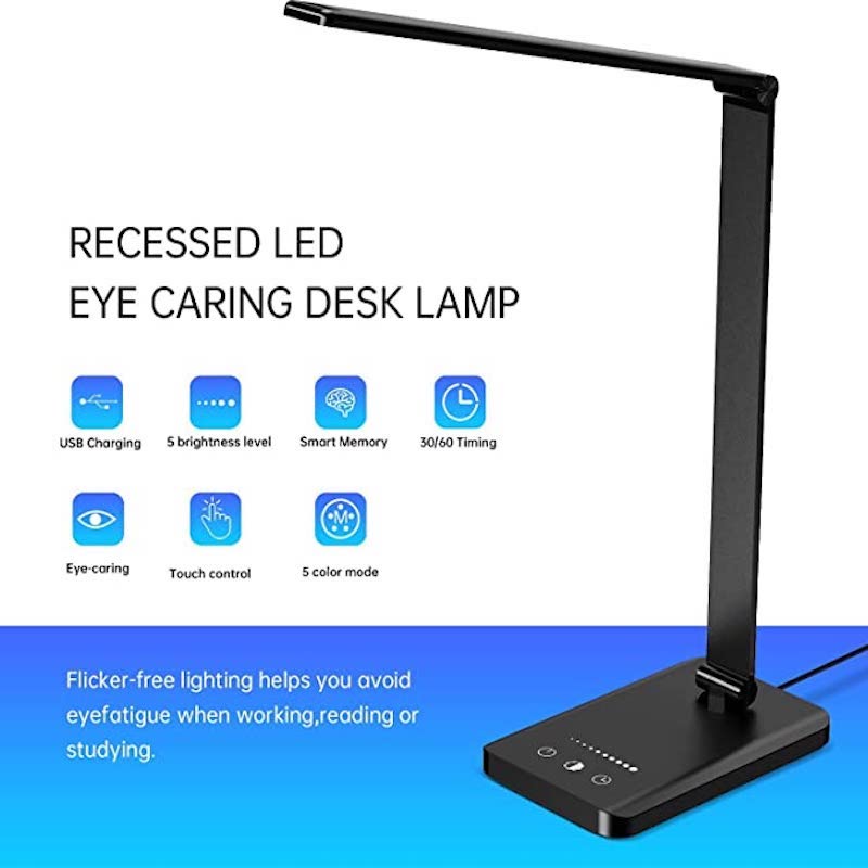 Stornfield | LED Desk Lamp with USB Charging Port, Dimmable Eye-Caring Reading Lamp for Home, with 5 Brightness Levels and 3 Lighting Modes, Touch Control, Auto Timer (Black)