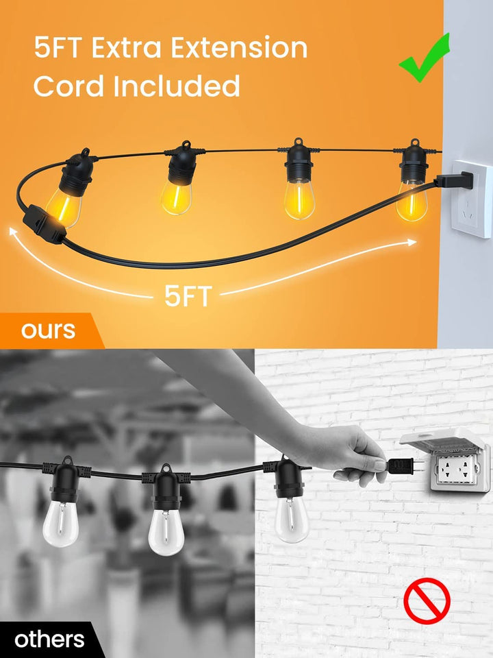 Stornfield | Outdoor String Lights, 53FT/16M S14 LED Outdoor Garden String Lights, IP65 Waterproof Outdoor Decorative Lights with Main Power Supply 2700K 15+1 (Spare) Bulbs for Wedding Garden Patio Party