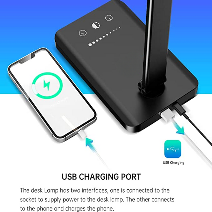 Stornfield | LED Desk Lamp with USB Charging Port, Dimmable Eye-Caring Reading Lamp for Home, with 5 Brightness Levels and 3 Lighting Modes, Touch Control, Auto Timer (Black)