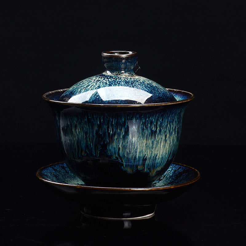 Stornfield | Vintage Sancai Ceramic Teacup with Lid and Saucer