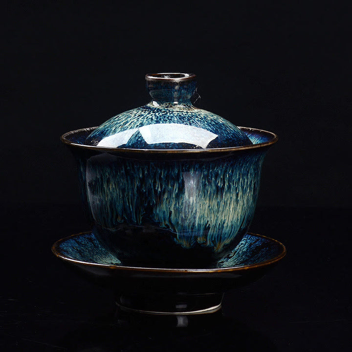 Stornfield | Vintage Sancai Ceramic Teacup with Lid and Saucer