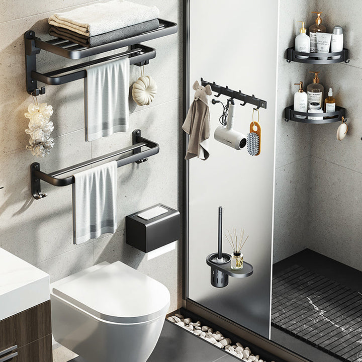 Stornfield | Contemporary bathroom accessory set with black finish and bath shelf/towel bar